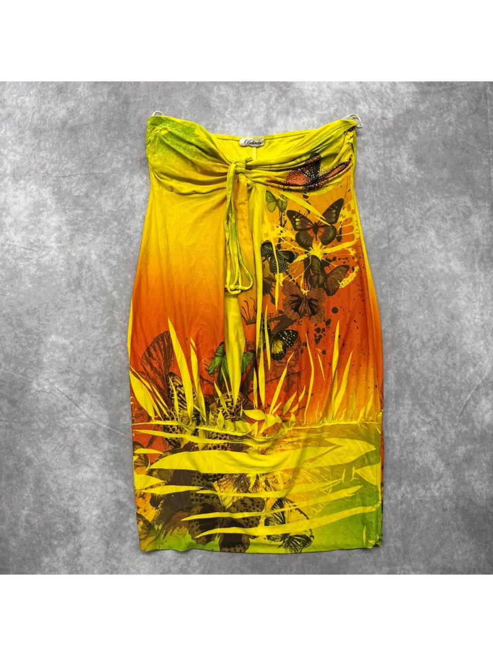 Vintage Y2K Belinda Yellow Butterfly Rhinestone Tie Halter Mini Dress One Size